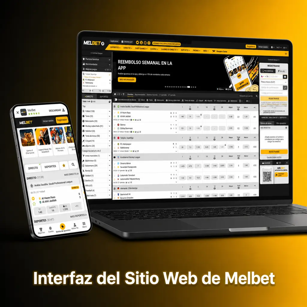 Interfaz del sitio web de Melbet mostrando la barra de navegación